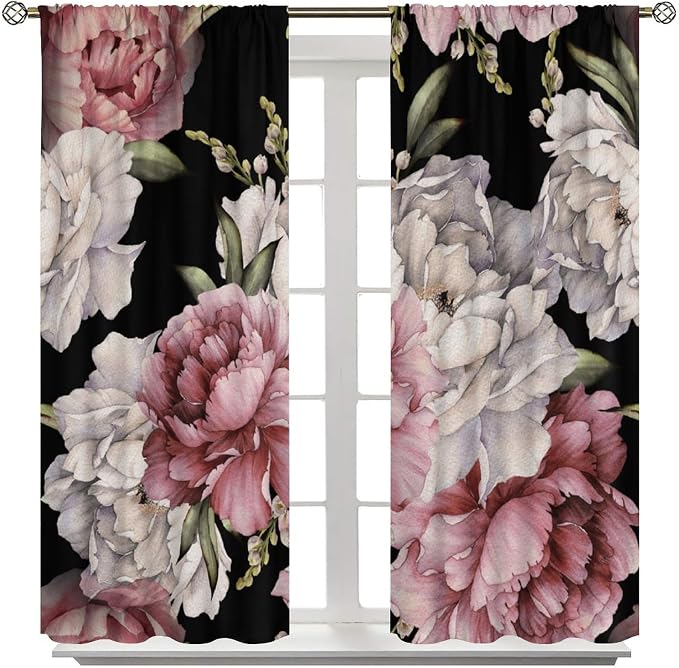Black Boho Floral Decor Curtain Vintage Watercolor Rose Peony Retro Pink Blossom Flowers Rustic Spring Leaf for Home Kitchen Livingroom Coffee Room Window Drapes 2Panel 41" W X 62" L