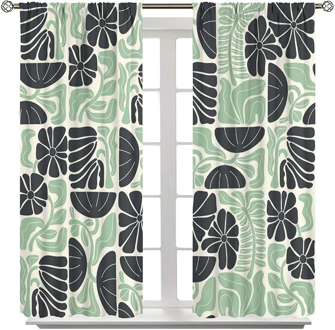 JESTRONRY Mid Century Boho Curtains, Modern Abstract Abstract Geometric Green Floral Pattern Print Blackout Window Door Curtains for Bedroom Living Room Home Decor 63x72in