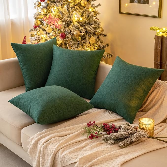 MIULEE Pack of 2 Decorative Outdoor Solid Waterproof Throw Pillow Covers Faux Linen Garden Farmhouse Cushion Cases for Patio Tent Balcony Couch Sofa 20x20 Inch Emerald Green