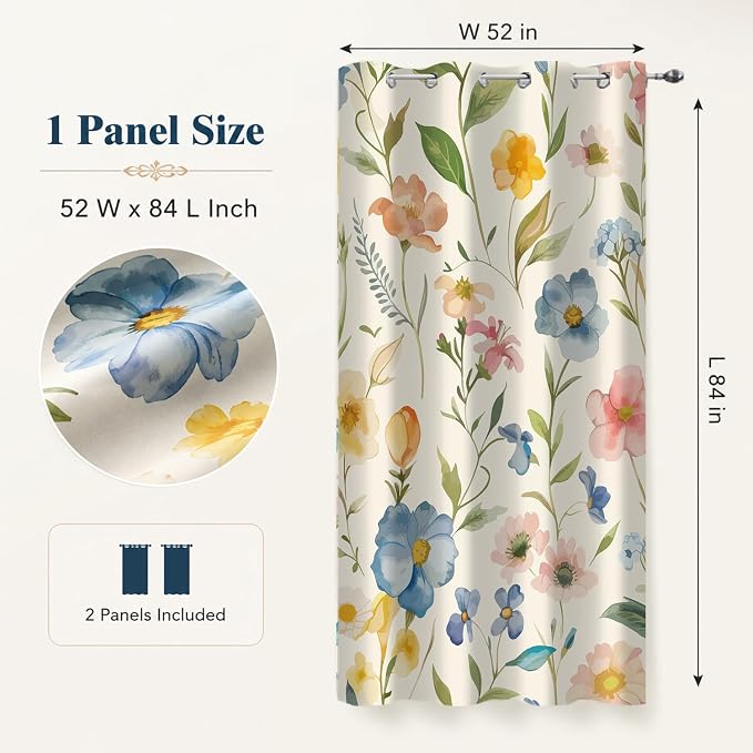 Boho Floral Blackout Curtains, Vintage Colorful Watercolor Wildflower Botanical Plant Leaves Room Darkening Thermal Insulated Grommet Window Drapes for Living Room Bedroom Decor 2 Panels 52x84 Inches