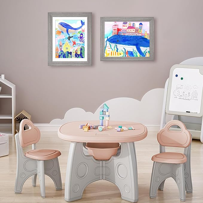 KINLINK 10x12.5 Kids Art Frame 2 Pack, Solid Wood Artwork Frames Changeable, Front Opening Hold 150 Pictures, Art Frames for Kids Artwork, 8.5x11 with Mat 10x12.5 without Mat, Picture Frames Grey