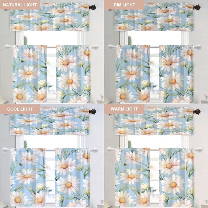 Shrahala Daisies Leaves Blackout Curtain Tiers, White Daisies On Blue Kitchen Valance Light Blocking Tier Drapes with Rod Pocket, 2 Pack 26 X 36 in