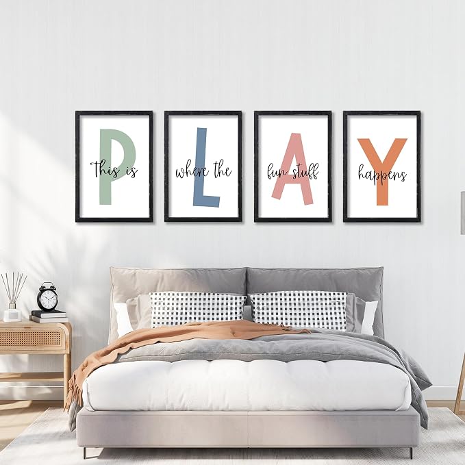 Playroom Wall Art Decor This Is Where The Fun Stuff Happens Sign Colorful Letters Decor 4 Piece 16"×11" for Toddler Modren Nursery Children Prints Small Wood Framed Wall Hanging (Black)