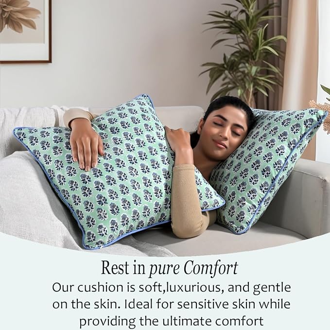 CPC 100% Cotton Throw Pillow Covers 20x20 Inch, Set of 2 Blue Block Print Pattern Couch Pillow, Cute Boho Decorative Pillows for Living Room, Bedroom with Hidden Zipper- Poppy Blue