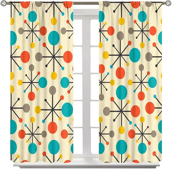 JESTRONRY Mid Century Curtains,Mid Century Fifties Modern Retro Colors Pattern Blackout Rod Pocket Window Drapes for Living Room Bedroom Kitchen Bathroom Home Decor 55x63in
