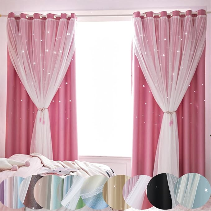Cute Star Blackout Curtains for Girls Bedroom, Princess Curtains, W52X L63 | 2 Panel Pink Thick Grommet Top Star Cutout Curtains, Double Layer Nursery Kids Curtains, Aesthetic Living Room Decor