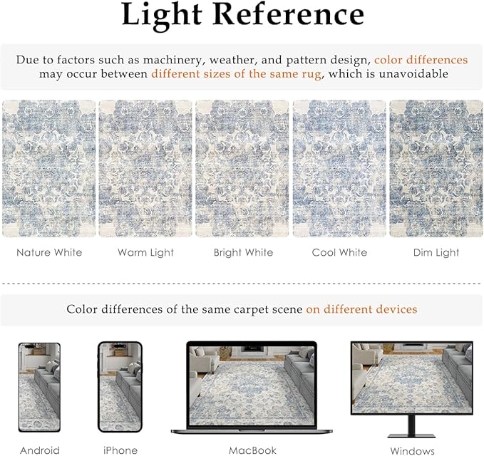 8x10 Washable Neutral Area Rug Blue Vintage Living Room Bedroom Carpet Non-Slip Soft Low Pile Farmhouse Indoor Large Throw Rug for Dining Room Office