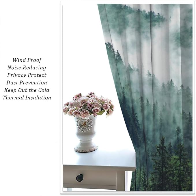 Green Forest Curtains, Watercolor Mountains Nature Forest Plants Trees Flying Birds Blackout Window Treatments, Thermally Insulated Drapes for Kids Boys Girls Living Room Bedroom Nursery 52x96in