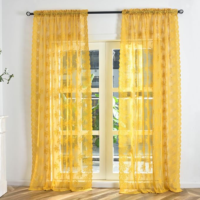 Kotile Gold Lace Curtains 96 Inches Long, 2 Panels Country Rustic Floral Mustard Yellow Sheer Curtains for Living Room Bedroom, Rod Pocket Light Filtering Privacy Window Curtain Drapes, 52 x 96 Inch