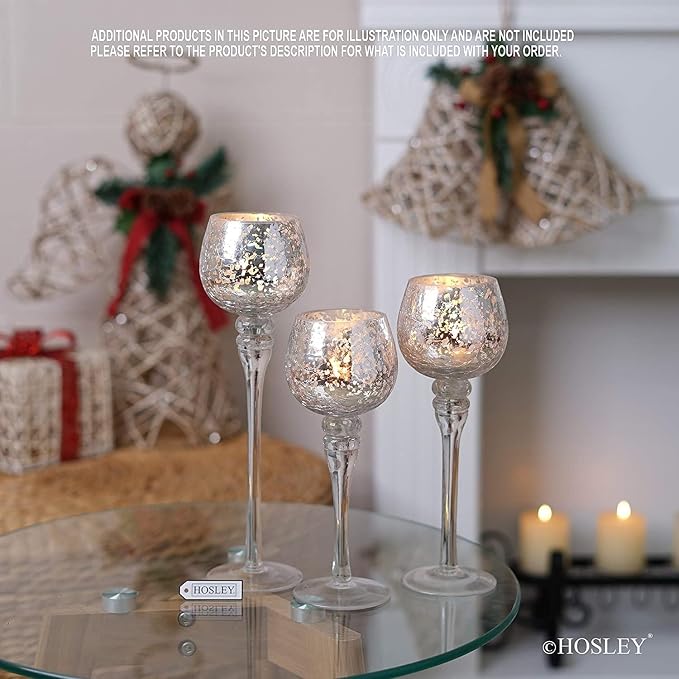 Hosley Set of 3 Metallic Crackle Glass Tealight Holders ā 12", 10", 9" Elegant Home Decor, Ambient Lighting, Stylish Centerpieces & Gift Idea
