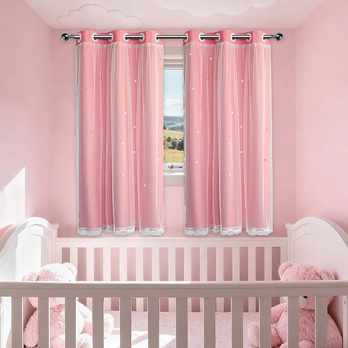 Pink Curtains Drapes Blackout 60 Inches Long Cute Star Cutout Nursery Decor | Girls Room Darkening Curtain Double Layer Tulle Lace Sheer 2 Panels Kids Thermal Insulated Bedroom Window Treatments Cortinas