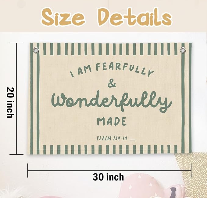 RTXLEZM Kids Room Decor, I Am Fearfully and Wonderfully Made | Christian Nursery Decor,Christian Canvas Banner Wall Hanging,Religious Wall Art for Kids Classroom Bedroom Playroom, 20x30