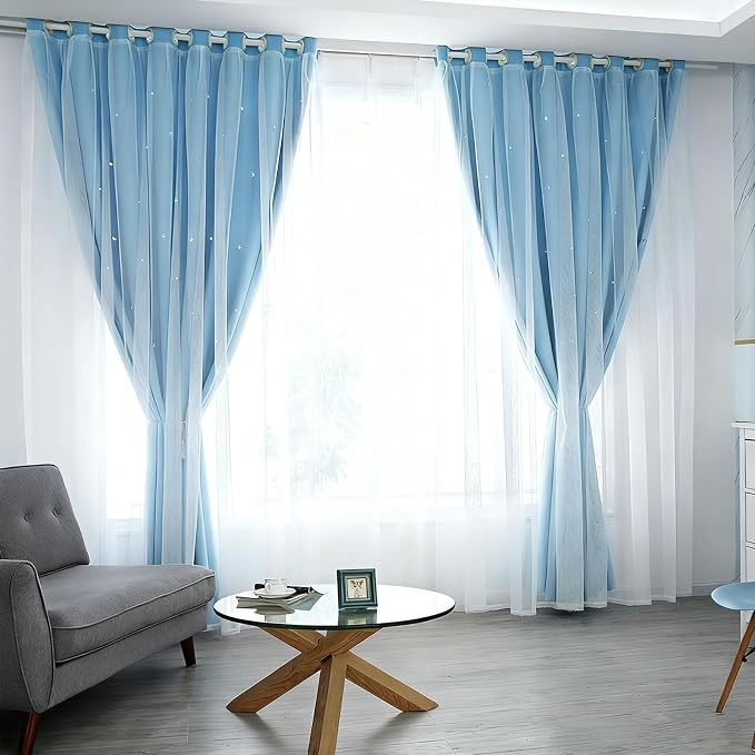 2 Panels Blue Star Blackout Curtains 275 Inches Long, Privacy Light Filtering Cute Drapes for Kids Bedroom, Thick Grommet Double Layer Nursery Princess Curtains for Glass Door (52"W x 275"L)