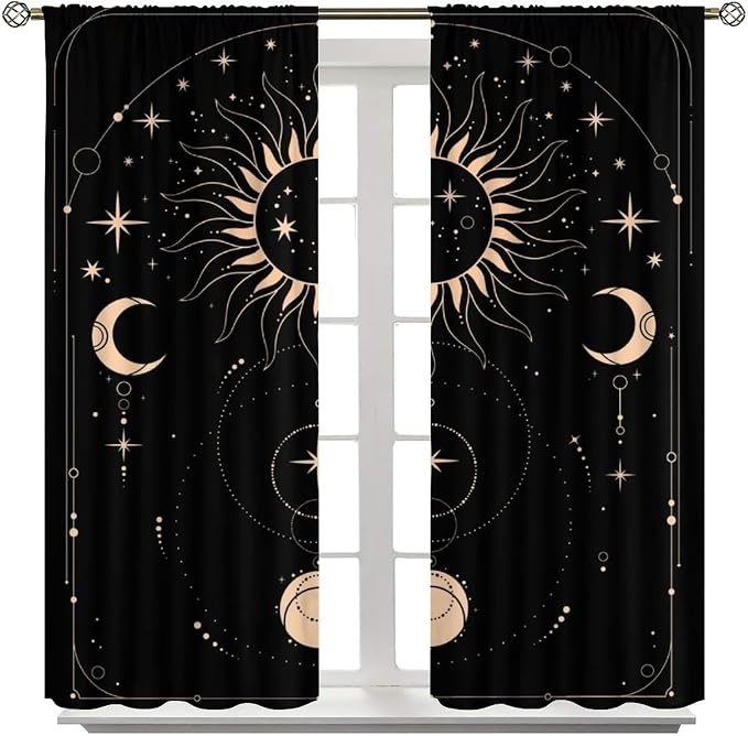 Golden Sun Moon Blackout Curtains, Abstract Modern Boho Sun Moon Star Window Drapes, for Bedroom Living Room 42" W X 45" L
