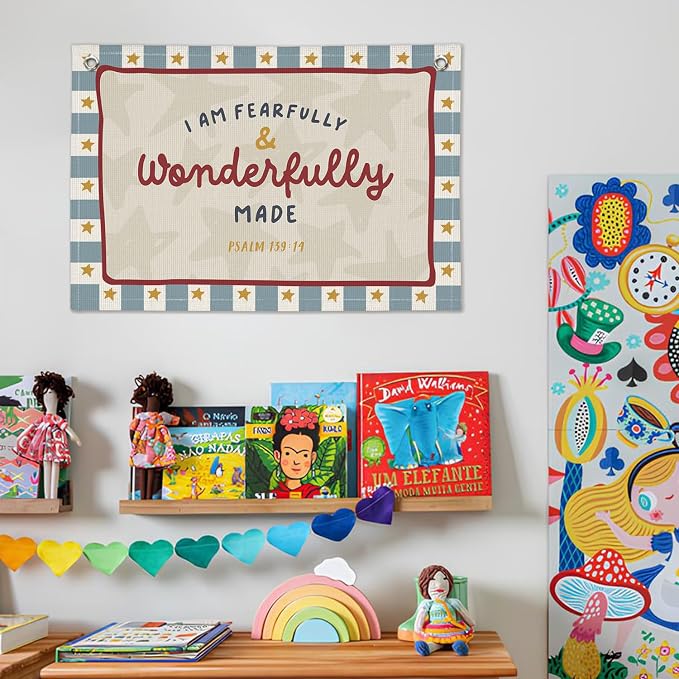 Wheatwin Fearfully And Wonderfully Made Nursery Wall Decor, Vintage Kids Room Playroom Bible Verse Christian Wall Hanging Banner, Canvas Decoration for Classroom, Nursery Kids Room