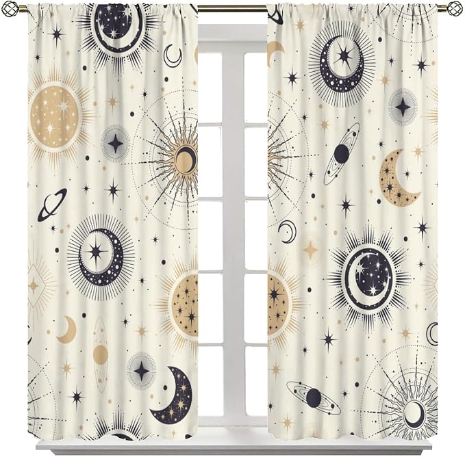 Sun Moon Blackout Window Curtains, Mystical Abstract Modern Boho Sun Moon Star Window Drapes, for Bedroom Living Room 55" W X 63" L