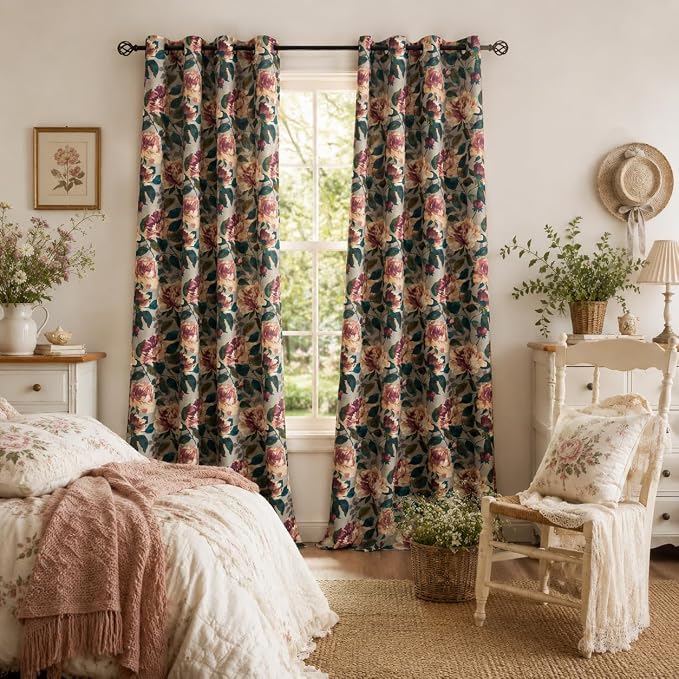 ALIGOGO Taupe Linen Curtains for Dinding Room - Victorian Semi-Blackout Floral Curtains 108 Inches Long, Grommet Privacy Light Filtering Decorative Art Nouveau Decor, 50W x 108L Inch, 2 Panels