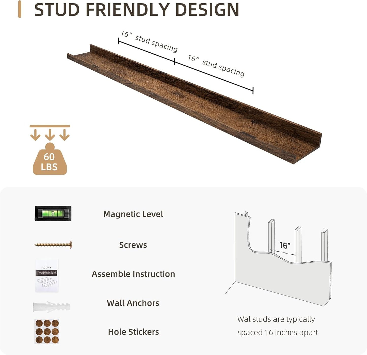 Picture Ledge Shelf, Wood Long Floating Shelves for Wall, Set of 2, 48 inch Picture Ledge Shelves, Photo Ledge Nursery Book Shelves Wall Mounted for Living Room Kids' Room Bedroom, Color Brown