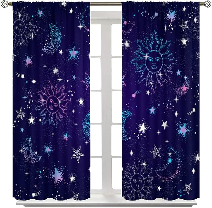 Sun Moon Stars Blackout Window Curtains, Space Galaxy Pattern Print Window Treatment Drapes for Bedroom Living Room 63" W X 72" L