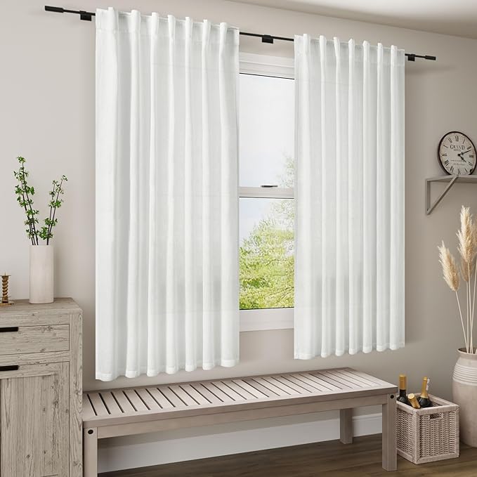 Nanspring White Linen Curtains for Living Room 60 inch Length Light Filtering Semi Sheer Curtains Back Tab and Rod Pocket Modern Farmhouse Curtain for Bedroom, 2 Panels 34 x 54 Inch