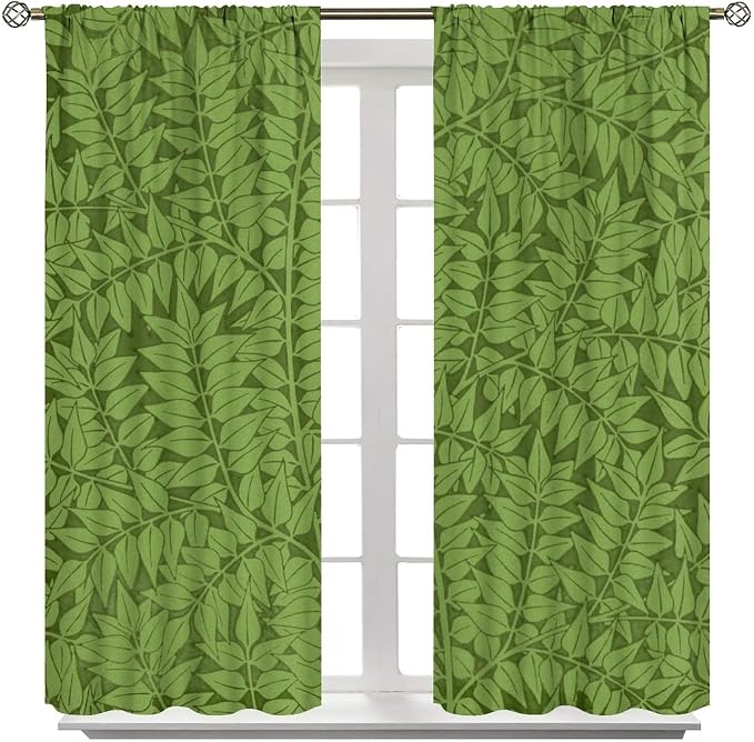 Bohemia Retro William Morris Art Blackout Window Curtains, Flowers Foliage on Green Background Curtains, for Living Room Bedroom 31.5(W)*72(L) 2 Panels