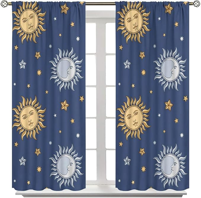 Vintage Sun Moon Bohemian Blackout Window Curtains, Retro Boho Style Print Rod Pocket Window Drapes, for Living Room Bedroom 72x63in 2 Panels