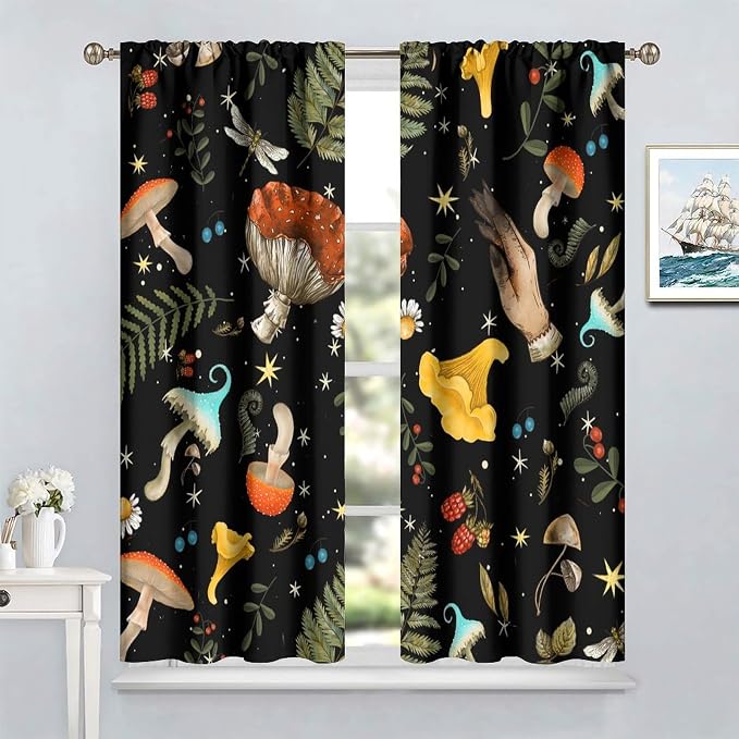 Retro Mushroom Curtains, Boho Rustic Vintage Botanical Mushroom Gothic Witch Wildflower Plant Print Blackout Window Treatments for Living Room Bedroom Kitchen 63x72in