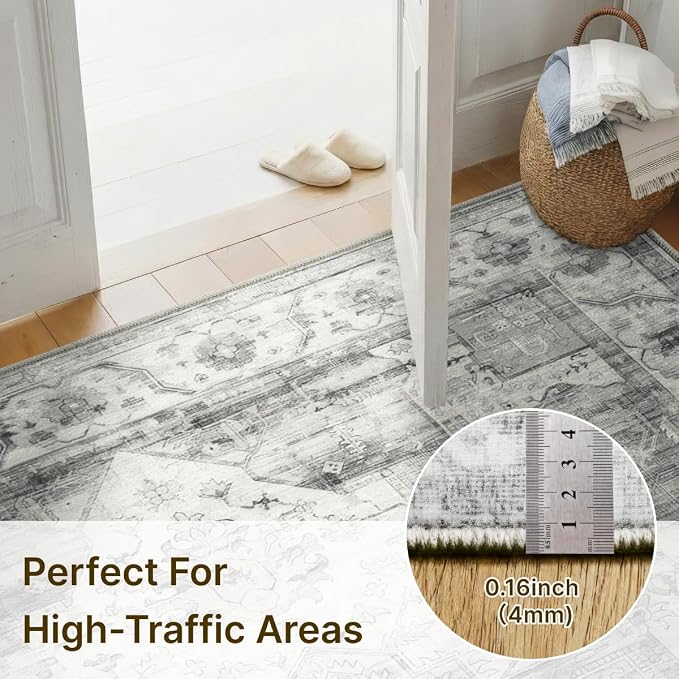 5x7 Area Rug for Living Room-Vintage Farmhouse Boho Floral Washable Stain Resistant Indoor Carpet for Bedroom Office and Home Decor(Black&Grey)