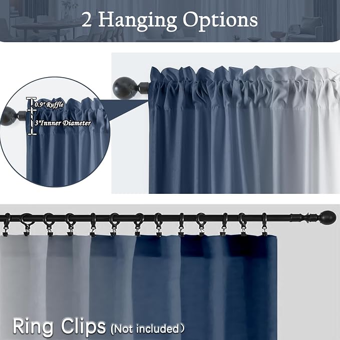 Blue and White Kitchen Curtains 2 Panels for Dining Room Blue Ombre Curtain 39 inch Length Semi Sheer Rod Pocket Window Treatment Panel for Living Room,27.5"x39"