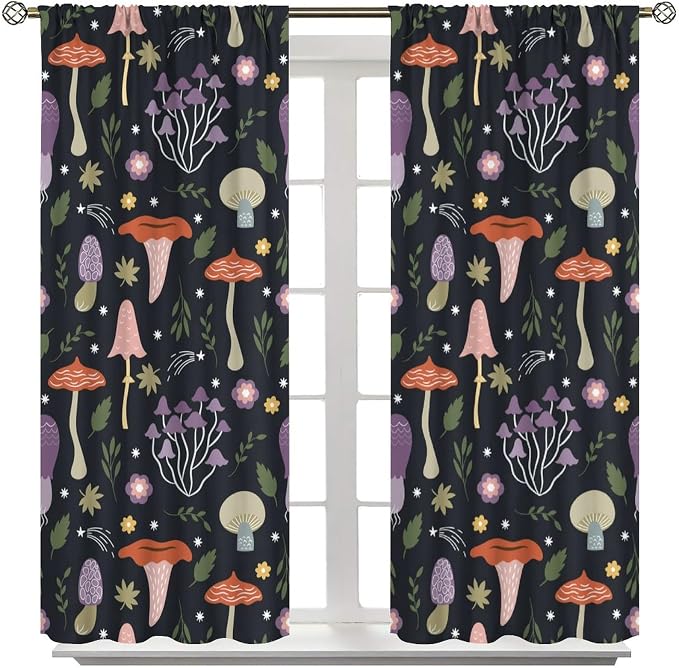 Mushroom Curtains,Colorful Plant Forest Botanical Print Window Treatments for Bedroom Living Room Kitchen Cartoon Herbs Floral Window Drapes 2 Panels Set,Total Size 55 x 63 Inch
