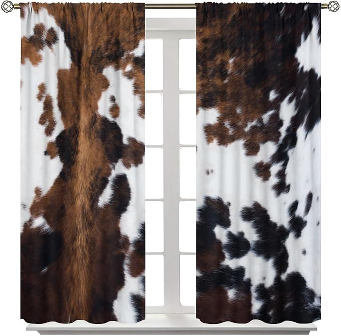 Cowhide Blackout Curtain, Brown White Cowhide Animal Fur Western Rustic Farm Curtains Rod Pocket Window Treatments 2 Panels Drapes for Dining Room Office Living Room Deocr 63" W X 72" L