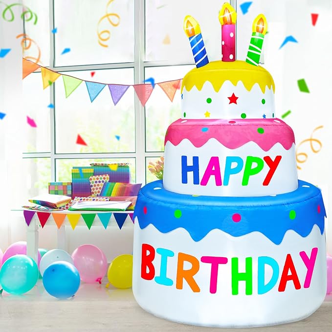 6 Ft Inflatable Happy Birthday Cake Decorations Outdoor Lighted Blow Up Holiday Birthday Party Decor with Candles 6 LED Lights for Indoor Home Celebration Garden Lawn Yard Prop Sign
