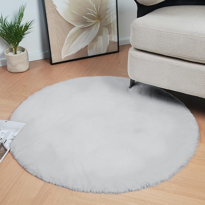 Latepis Round Rugs 4ft Fluffy Washable Rug Circle Furry Grey Rugs for Bedroom Faux Rabbit Fur Shag Rug for Living Room Dorm Nursery Room Decor