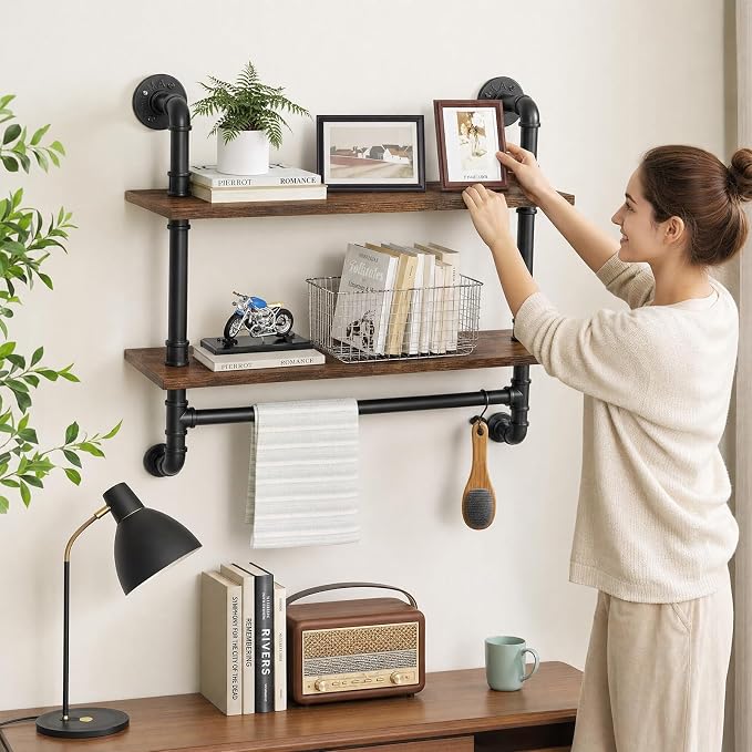 Merapi 24" Industrial Floating Shelves with Tower Bar, Pipe Shelves for Wall, 2 Tier Rustic Wood Wall Shelves for Home Décor, Bedroom, Living Room, Bathroom…