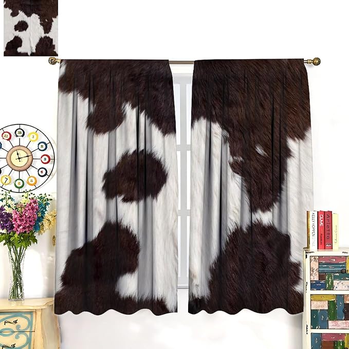 Cow Print Blackout Curtain,Retro Animals Fur Skin Cowhide Farm Style Window Treatments Rod Pocket Curtain for Bedroom Living Room Kitchen Decor Drapes 52x84in