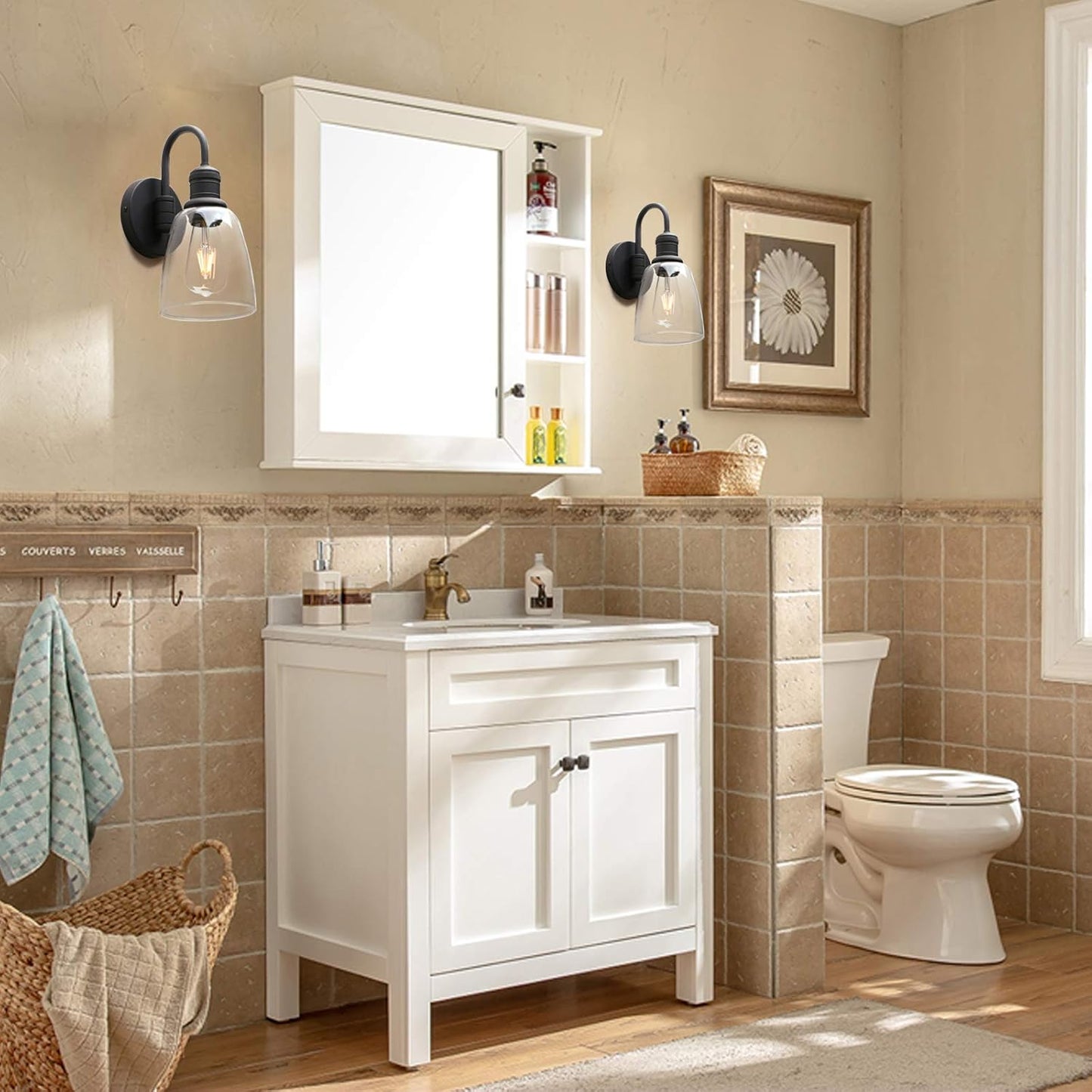 1-Light Vintage Wall Sconce, Yosoan Black Industrial Fixture Light with Elegant Gooseneck Curved Rod, Indoor Clear Glass Shade Wall Lamp Lighting for Bathroom Porch Kitchen Living Room Restaurant