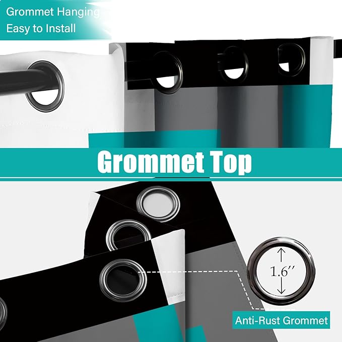 Tyrot Teal/Turquoise 100% Blackout Curtains 45 inch Length 2 Panels Set Black White Grey Modern Abstract Geometric Drapes for Kitchen Curtains Insulated Room Darkening Small Window Curtains, 42Wx45L