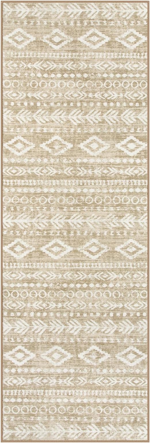 Lahome Boho Geometric Washable Runner Rug, 2x6 Low-Pile Tan Long Bathroom Runner Rug Non Slip Washable, Rustic Print Pattern Soft Bedroom Carpet Runner 6ft for Entryway Laundry Room Varena