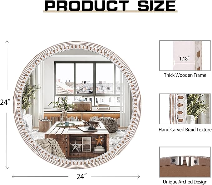 24 Inch Rustic Farmhouse Round Wood Wall Mirror for Bathroom Entryway Decor | Soft Curved Shape Balances Straight Furniture Lines While Creating an Inviting Focal Point in Compact or Open Areas