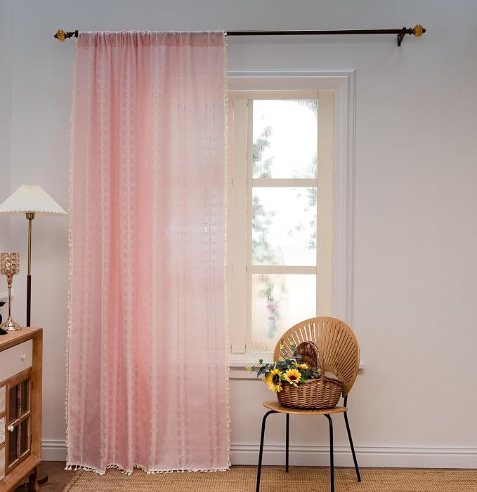 Deeprove Blush Pink Boho Curtain 72 inches Long for Living Room Bedroom Kitchen, Retro Bohemian Sheer Linen 72 inches Length 6 FT Striped Embroidery Privacy Window Tassel Decor W52 x L72, 1 Panel