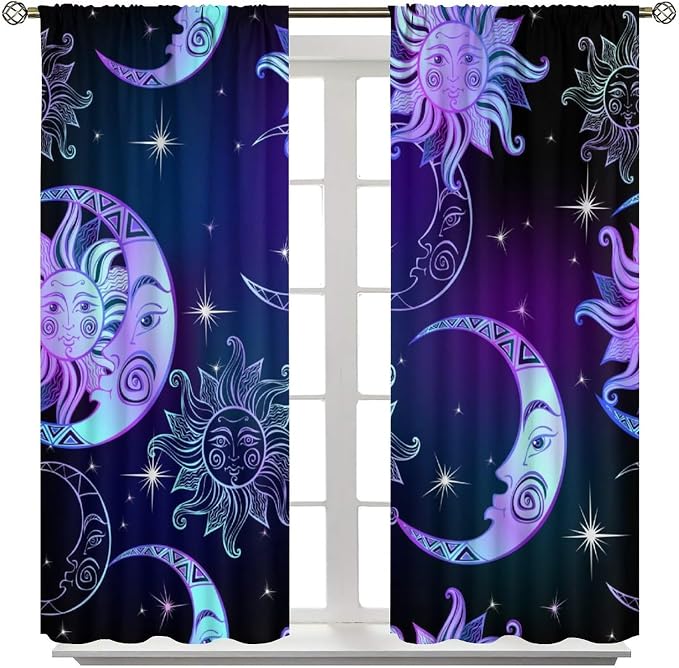 Fantasy Sun Moon Blackout Curtains, Boho Purple Black Stars Galaxy Rod Pocket Window Treatment Drapes for Bedroom Living Room 42" W X 63" L