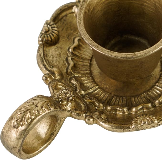 NIKKY HOME Vintage Gold Taper Candle Holders Set of 2, Handle & Tray | Antique Metal Candlestick Stand with Finger Loop, Short Candle Stick Base for Table Centerpieces, Wedding, Mantel Decor