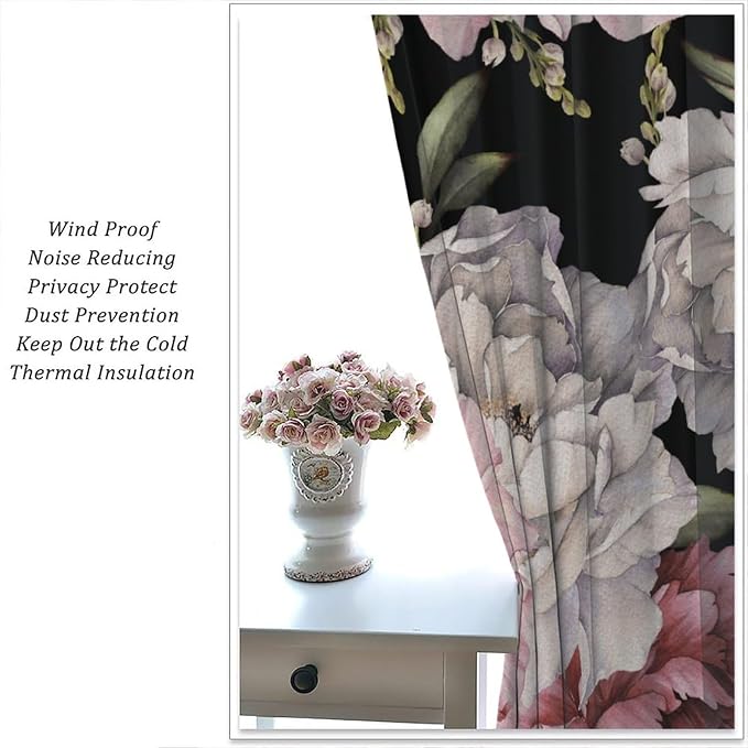 Black Boho Floral Decor Curtain Vintage Watercolor Rose Peony Retro Pink Blossom Flowers Rustic Spring Leaf for Home Kitchen Restaurant Decoration Window Drapes 2Panel 41" W X 53" L