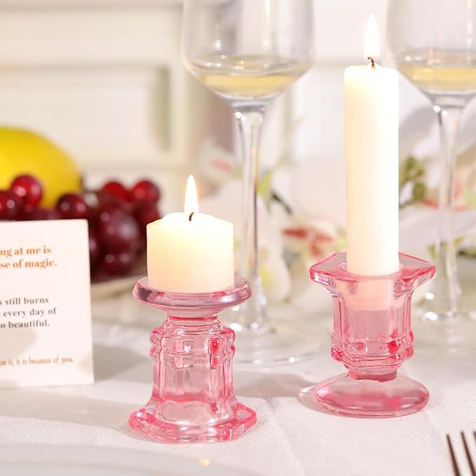 Lanttu 12 Pcs Pink Candlestick Holders Bulk Glass Candle Holders 2.9"x3.08" | Crystal Taper Candle Holder for Wedding, Table Centerpiece, Home Decoration