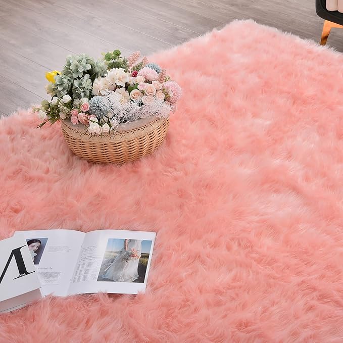 ORINOVA Round Rug 3ft Pink Small Fluffy Rug for Living Room Washable Shaggy Area Rugs for Bedroom Cute Room Circle Nursery Rug