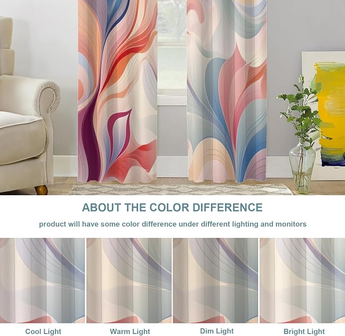 Shrahala Colorful Waves Thermal Insulated Blackout Window Curtains, Fluid Abstract Pattern Long Drapes for Bedroom/Living Room with Plastic Grommet, 52X84 Set of 2