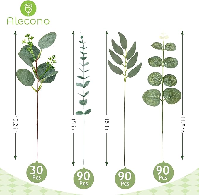 Alecono 300pcs Mixed Eucalyptus Leaves Stems Bulk, 4 Kinds Artificial Greenery Stems Faux Sliver Dollar Fake Greenery for Centerpieces Wedding DIY Bouquets Floral Arrangement Party Decor