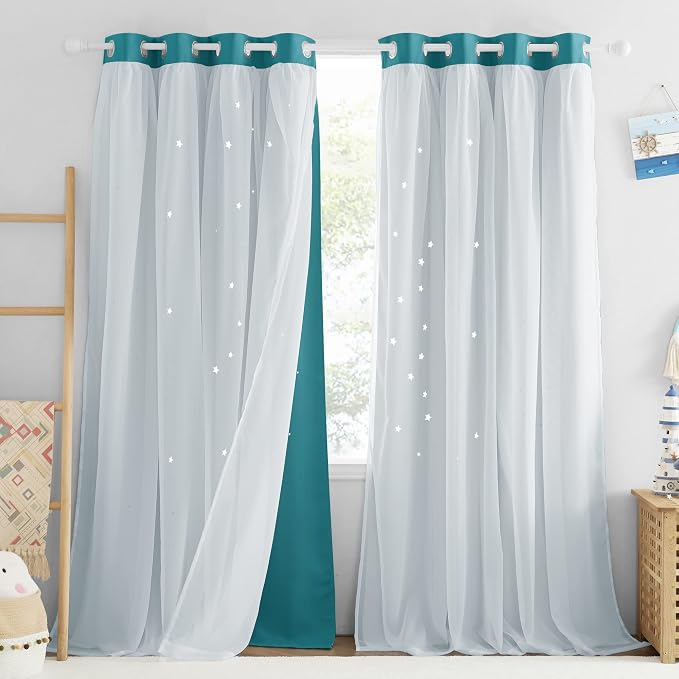NICETOWN Star Blackout Curtains for Kids Bedroom, Grommet Top Curtains for Nursery Living Room Double Layer Star Cut Out Bedroom Curtains Decor, Set of 2 Panels, 52 x 84 inches, Peacock Teal