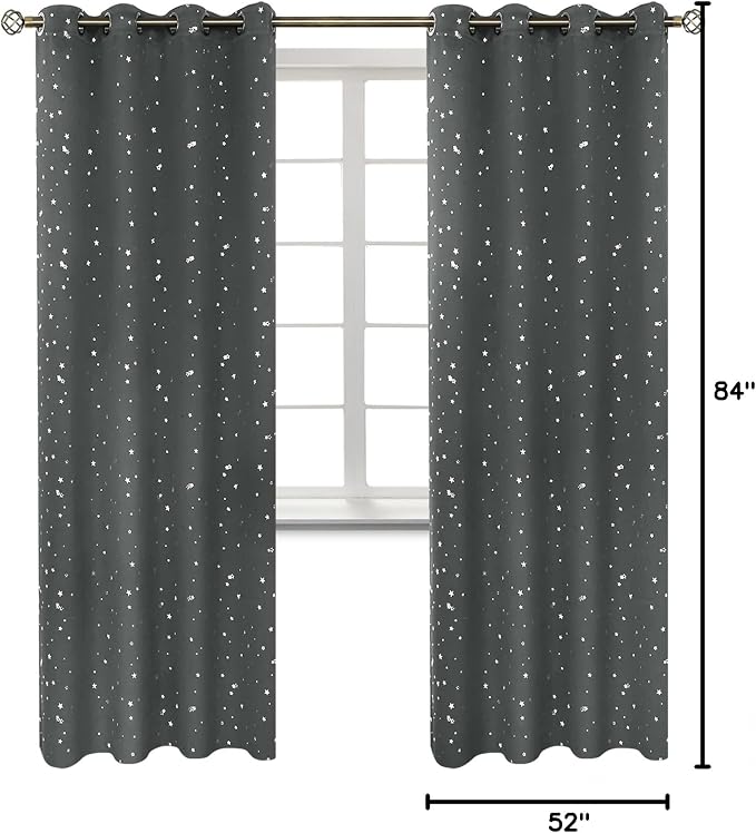 BGment Kids Blackout Curtains for Bedroom - Grommet Thermal Insulated Silver Star Print Room Darkening Curtains for Living Room, Set of 2 Panels (52 x 84 Inch, Dark Grey)