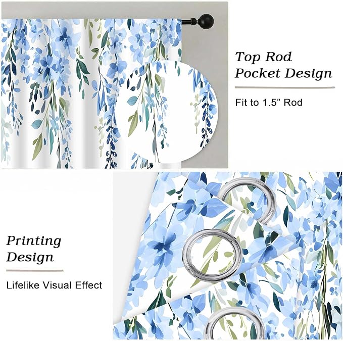 Blue Watercolor Floral Curtains, Botanical Leaves Vine Flowers Curtain, Rustic Farmhouse Flower Leaf Blackout Window Treatment Drapes for Bedroom Living Room 42x90 inch, 2 Panels
